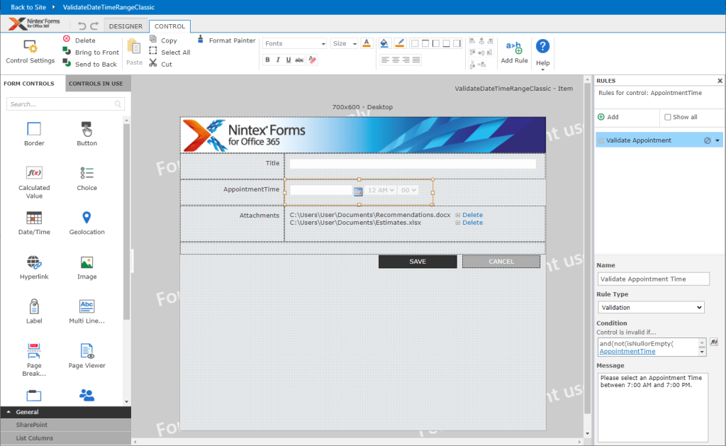Nintex Forms - Classic Designer - Time Range Validation Rule