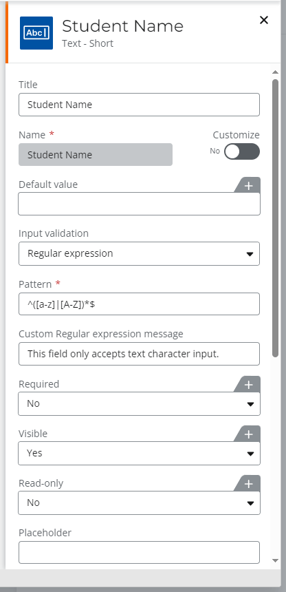 NAC Form - Limit Text Short Input to Only Text - Regular Expression